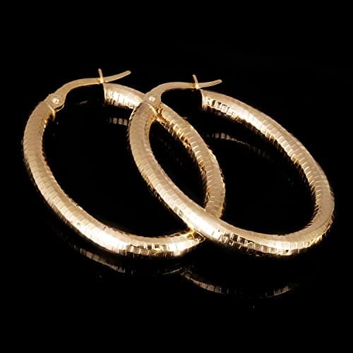 Direct Italian 14k Yellow Gold Honeycomb Hollow Oval Hoops 1.3" 3mm 2.2g