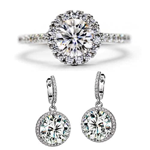 Michooyel S925 Sterling Silver Moissanite CZ Halo Engagement Ring Earrings Set
