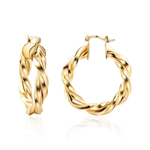 Barzel 18K Gold Plated Twisted Hoop Earrings, Made in Brazil