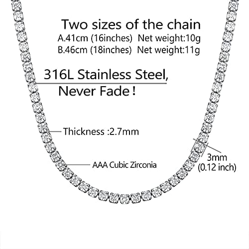 Richsteel Clear/Black 3mm CZ Tennis Chain Necklace for All