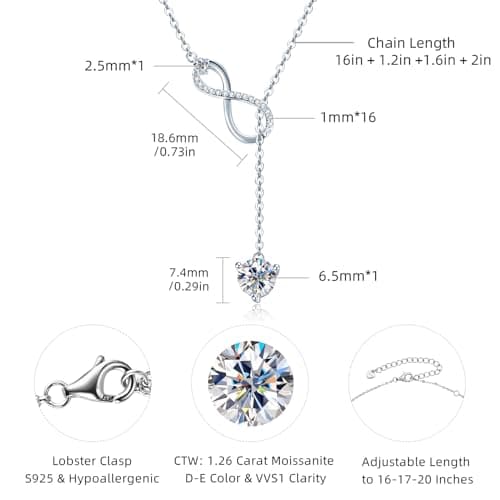 AINUOSHI 1.26CT Lab-Created Moissanite Twist Infinity Y Necklace 16-20 Inch 925 Sterling Silver Gifts