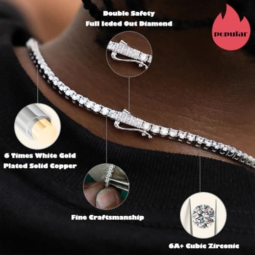 3MM CG&KYGG Men's & Women's White Gold Plated Tennis Necklace (New Safety Clasp, Quality Gift)