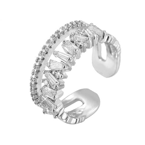 VOPIPO Adjustable Gold Plated CZ Leaf Double Cubic Zirconia Ring for Women