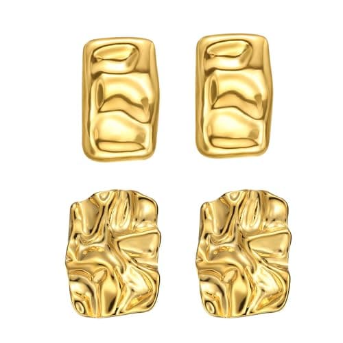 ENVEYO Hammered Geometric Gold Stud Earrings for Women Trendy Square Irregular Chunky Necklace
