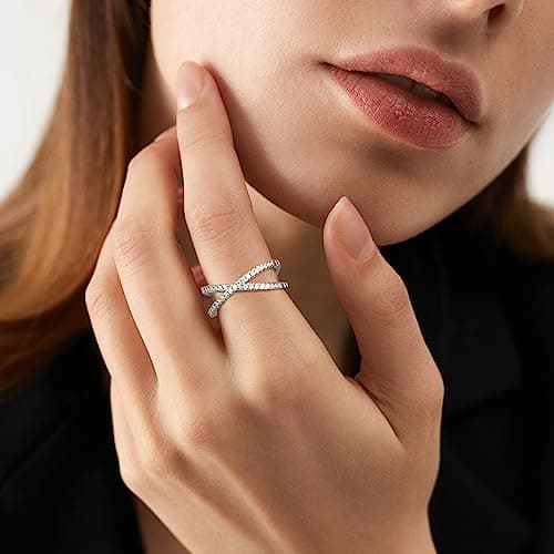 SAMIOVJ D Color VVS1 Moissanite Criss Cross Wedding Band, 18K White Gold Plated Sterling Silver