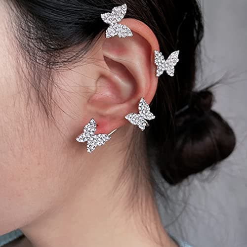 Rhinestone Butterfly Ear Cuffs No Piercing Earrings for Women