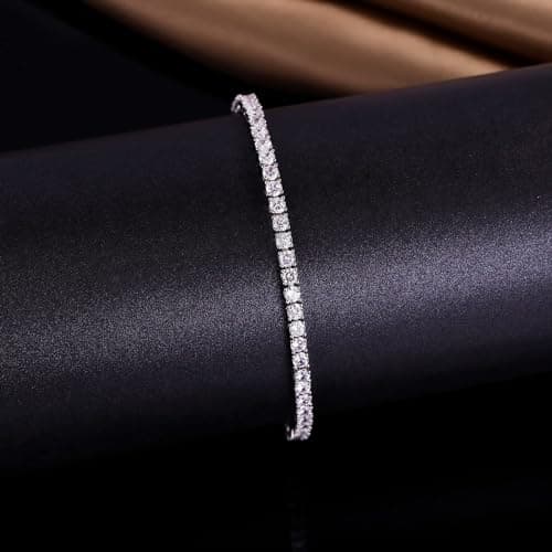 18K White Gold Plated Gemsme Silver Moissanite Tennis Bracelet, 3mm Round 6.5-8.5 Inch