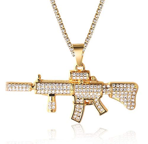 Halukakah Men's 18K Gold Plated Pendant Necklace - Over 1000 Diamonds AK47 3D Style