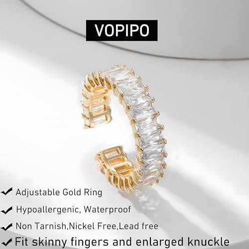 VOPIPO Adjustable Gold Plated CZ Leaf Double Cubic Zirconia Ring for Women