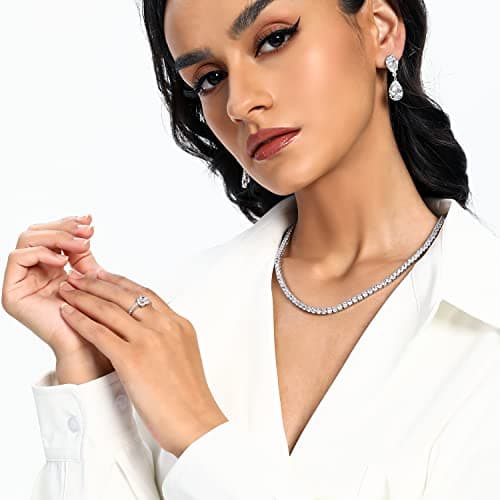 MDFUN 18K White Gold Plated Round Cubic Zirconia Tennis Necklace 14-24 inches