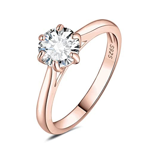 JewelryPalace Classic Round Cut Moissanite Solitaire Rings, 14K Gold Plated 925 Sterling Silver