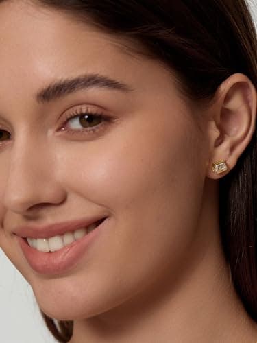 Michooyel 1ct Emerald Cut 18k Gold Plated Sterling Silver Stud Earrings for Women