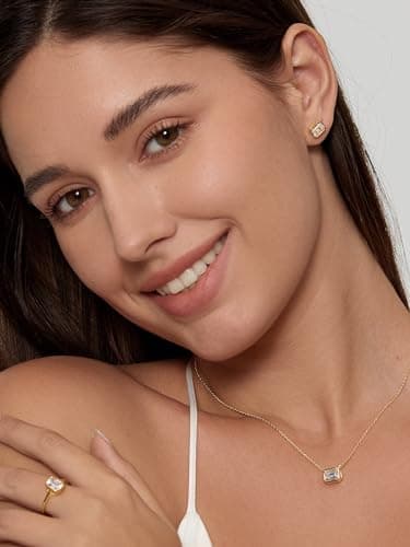 Michooyel 1ct Emerald Cut 18k Gold Plated Sterling Silver Stud Earrings for Women