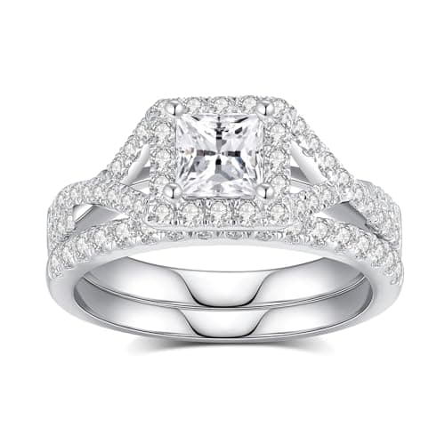 18K White Gold Plated Moissanite Engagement & Wedding Ring Sets