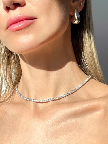 VIVDEC 18K White Gold Plated Tennis Chain, Iced Out Necklace (Double Safety Clasp)