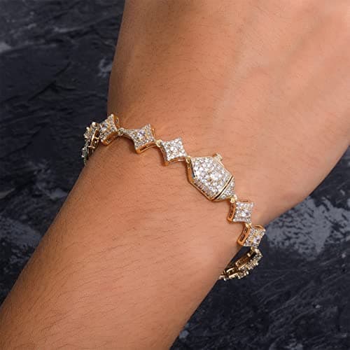 JINAO Iced Out 10MM Star Tennis Bracelet 14K Gold Plated Cubic Zirconia men women