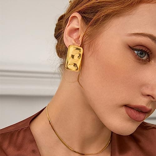 SeryNow Chunky Gold Rectangle Stud Earrings for Women