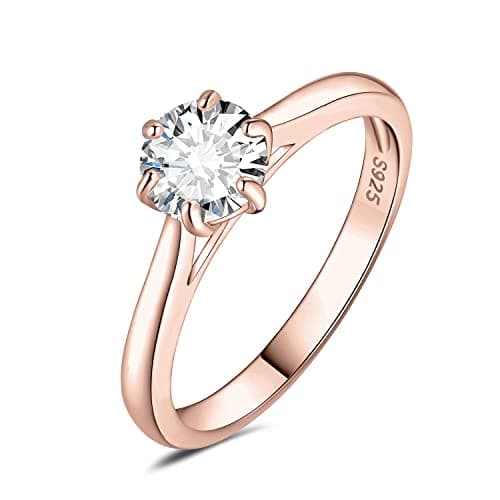 JewelryPalace Classic Round Cut Moissanite Solitaire Rings, 14K Gold Plated 925 Sterling Silver