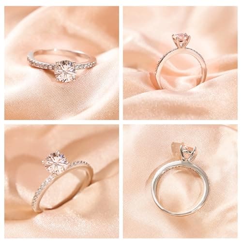 QueenOU 925 Sterling Silver 1CT Moissanite Engagement Ring with 18K White Gold Plating