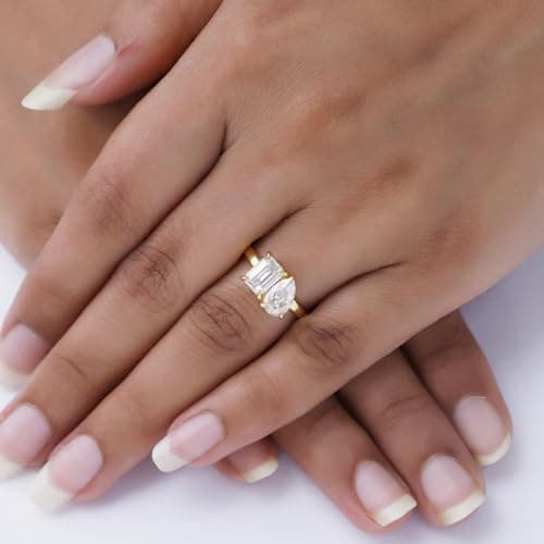 Wishrocks VVS1 1.75 CT EMERALD & PEAR Moissanite Engagement Ring in 14K Gold Plated Silver