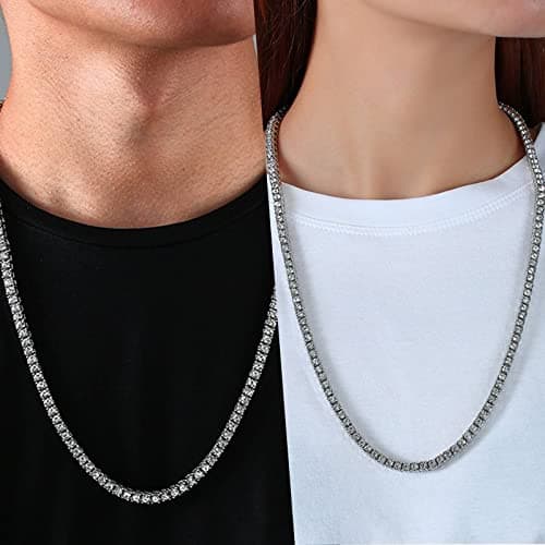 Silver Plated Mesnt Iced Out Tennis Chain Necklace CZ 5mm 46-61CM