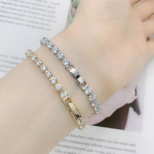 Lizeboy Sterling Silver Plated Zirconia Tennis Bracelet, Gold or Silver, Women & Men