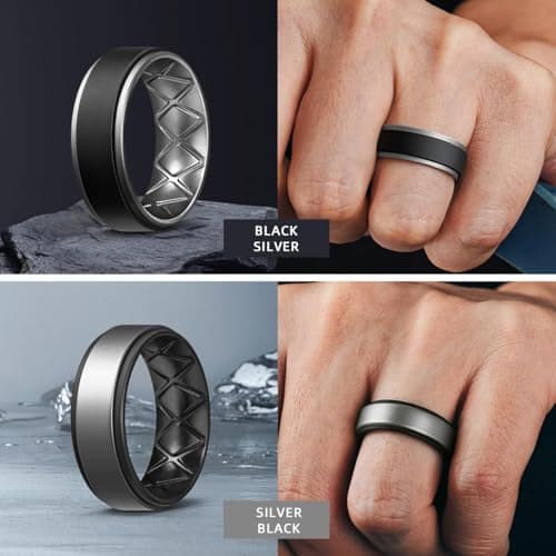 Egnaro Breathable Silicone Wedding Bands for Men - Multipack Step Edge