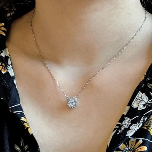 Refined and simplified title: Michooyel Sterling Silver Cubic Zirconia Women's Necklace Princess Cut Halo Pendant 16-18