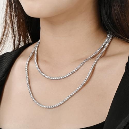 Luxfine 14K White Gold Plated 3mm Tennis Necklace & Choker 5A+ CZ Iced Out Jewelry