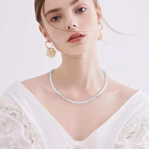 FEEL STYLE 18K White Gold Plated Heart Tennis Necklace - Iced Out Choker 16-18inch