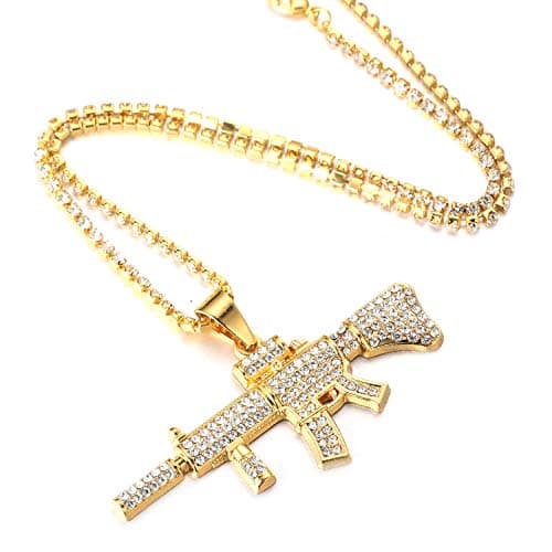 Halukakah Men's 18K Gold Plated Pendant Necklace - Over 1000 Diamonds AK47 3D Style