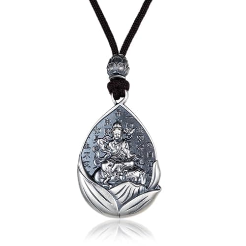 AnuClub S999 Sterling Silver Buddha Guanyin Pendant Necklace Lucky Amulet Jewelry