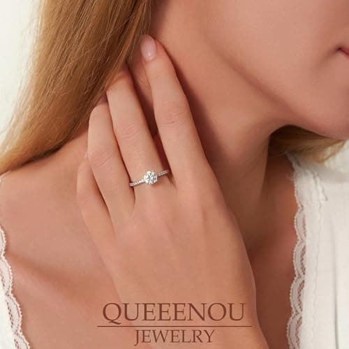 QueenOU 925 Sterling Silver 1CT Moissanite Engagement Ring with 18K White Gold Plating