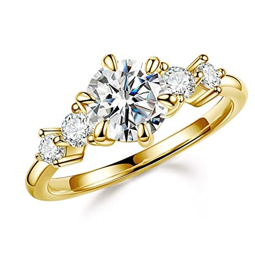 MOOSEA Round 5-Stone Moissanite Engagement Ring, 1.2ct D Color VVS1 Clarity, 14K Vermeil