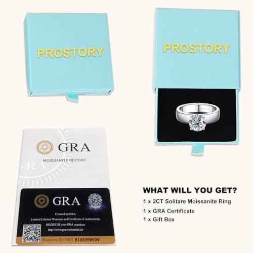 PROSTORY 2CT Moissanite Solitaire Ring 925 Silver VVS1 Clarity Anniversary Gift for Her