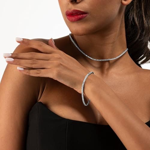 VIVDEC 18K White Gold Plated Tennis Chain, Iced Out Necklace (Double Safety Clasp)