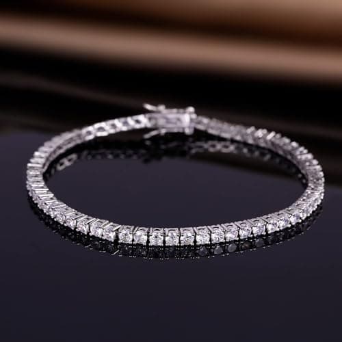 18K White Gold Plated Gemsme Silver Moissanite Tennis Bracelet, 3mm Round 6.5-8.5 Inch