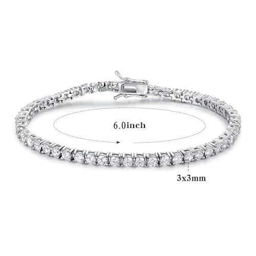 18K White Gold Plated Gemsme Silver Moissanite Tennis Bracelet, 3mm Round 6.5-8.5 Inch