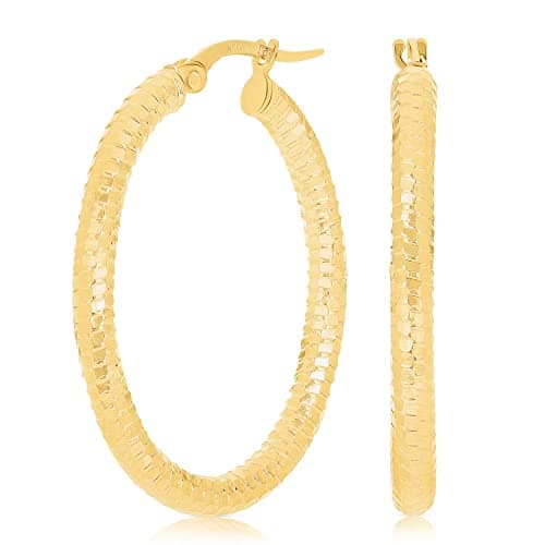 Direct Italian 14k Yellow Gold Honeycomb Medium Hollow Oval Hoop Earrings