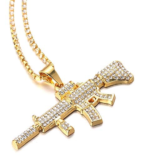 Halukakah Men's 18K Gold Plated Pendant Necklace - Over 1000 Diamonds AK47 3D Style