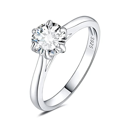 JewelryPalace Classic Round Cut Moissanite Solitaire Rings, 14K Gold Plated 925 Sterling Silver