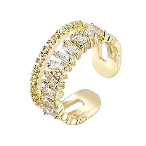 VOPIPO Adjustable Gold Plated CZ Leaf Double Cubic Zirconia Ring for Women