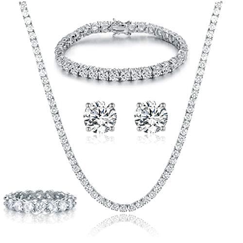 Gemsme 18K White Gold Plated Jewelry Set - Necklace, Bracelet, Earrings, Ring Pack of 4