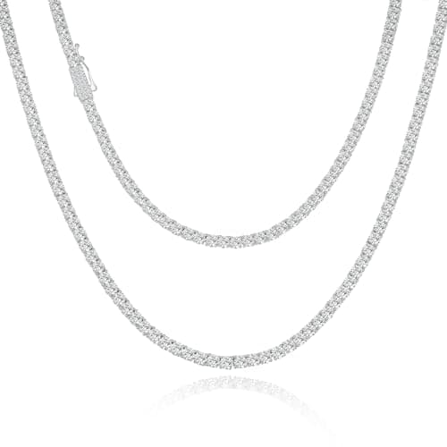 VIVDEC 18K White Gold Plated Tennis Chain, Iced Out Necklace (Double Safety Clasp)