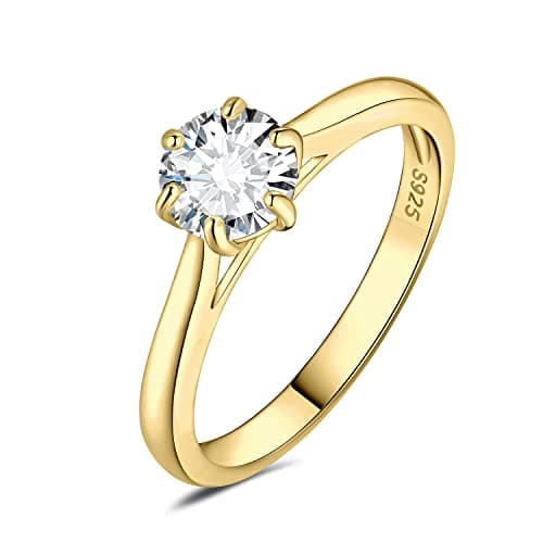 JewelryPalace Classic Round Cut Moissanite Solitaire Rings, 14K Gold Plated 925 Sterling Silver