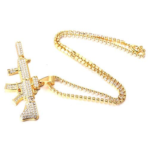 Halukakah Men's 18K Gold Plated Pendant Necklace - Over 1000 Diamonds AK47 3D Style