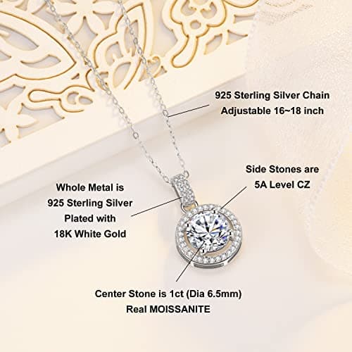 SecreTalk Halo Round Moissanite Pendant Necklace for Women in 925 Sterling Silver Gifts for Wife and Mother