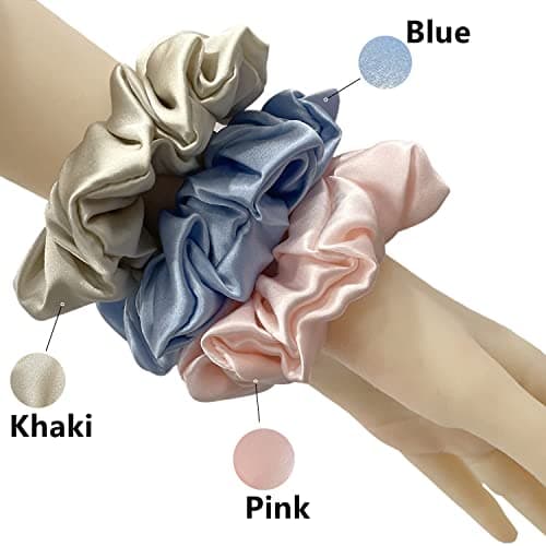Suncdelv Silk Scrunchies, Anti-Crease & Breakage Hair Ties 22 Momme, 3PCS (Pink, Blue, Khaki)