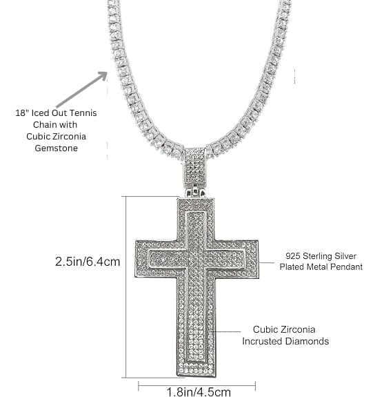 Orentini 925 Silver Plated CZ Diamond Tennis Necklace & Cross Pendant
