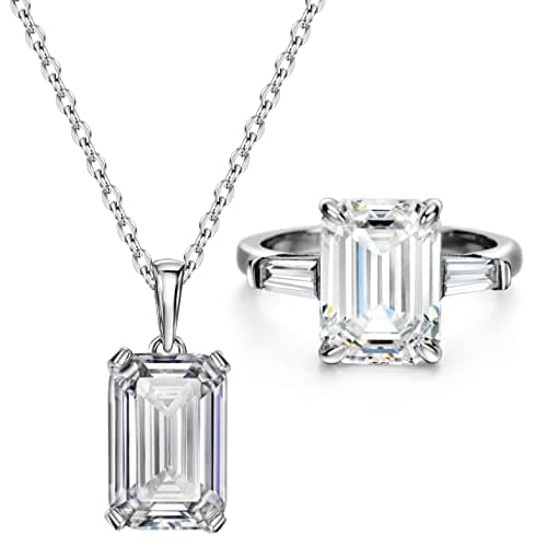 Michooyel S925 Emerald Cut Engagement Ring Necklace Set